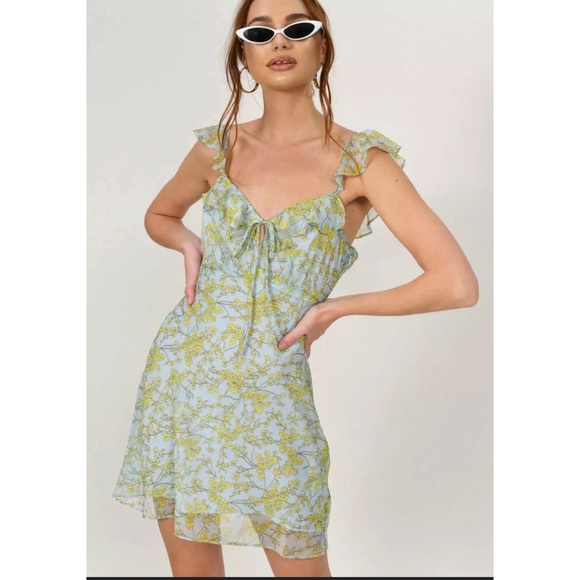 Revolve The East Order Daphne Summer Mini Sun Dress Blue Yellow Floral XS NWT - Picture 1 of 4